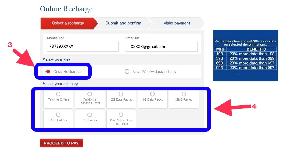 aircel online recharge circle recharges category
